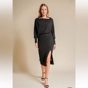 Hem and Thread Dolman Sleeve Ribbed Knit Long Sleeve Midi Dress Dark Green Small